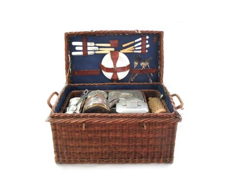 A part set of glass ware housed in a fitted oak case with interior 'Army and Navy' label (38cm wide), a vintage wicker picnic