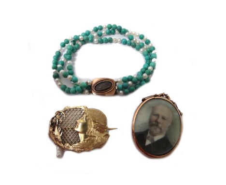 A gold oval pendant locket, glazed with the portrait miniature of a gentleman, wearing a dark jacket, detailed 9 C, a silver 