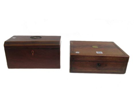 A Victorian brass inlaid mahogany writing slope with fitted interior, 30cm wide x 11cm high, together with a late Regency mah
