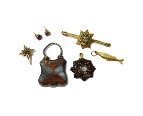 A gold and enamelled bar brooch, with the badge of The Army Service Corps, a Victorian vary coloured agate set bracelet clasp