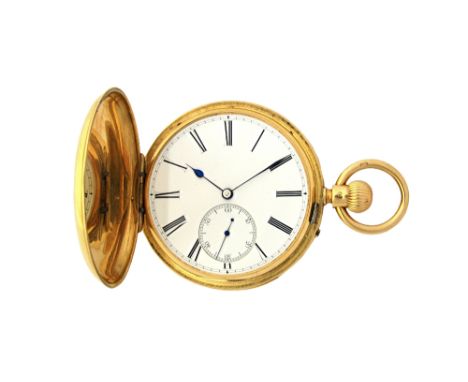 A gentleman's 18ct gold cased, keyless wind, quarter repeating hunting cased pocket watch, the gilt three quarter plate jewel