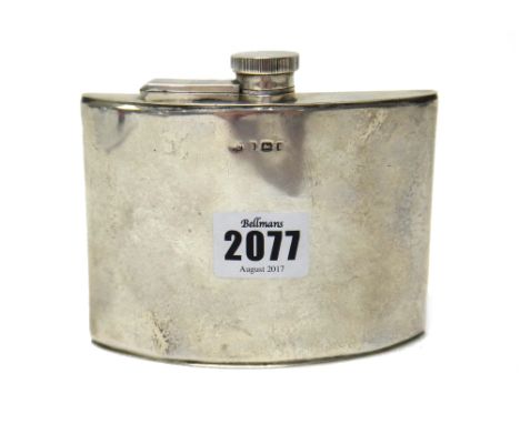 A silver spirit flask of curved rectangular form, having a milled screw-down top (the hallmark rubbed), 174 gms.