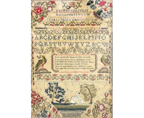 A Victorian alphabet sampler by 'Mary Ann Louisa Brown, November 18th 1845', with religious verse surrounded by swans and exo