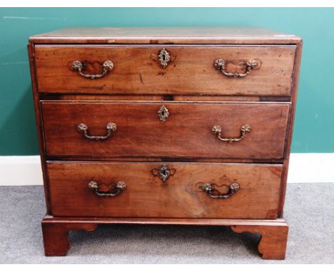 A mid-18th century small mahogany chest of three long graduated drawers on bracket feet, 81cm wide x 46cm deep. 