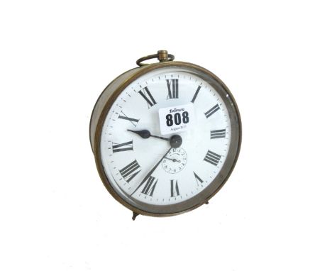 A French brass cased clock, early 20th century, the circular drum case with white enamel dial and subsidiary alarm, enclosing