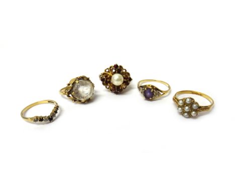 A 9ct gold, garnet and cultured pearl cluster ring, a gold and cultured pearl cluster ring, detailed 9 CT GOLD, a 9ct gold, a