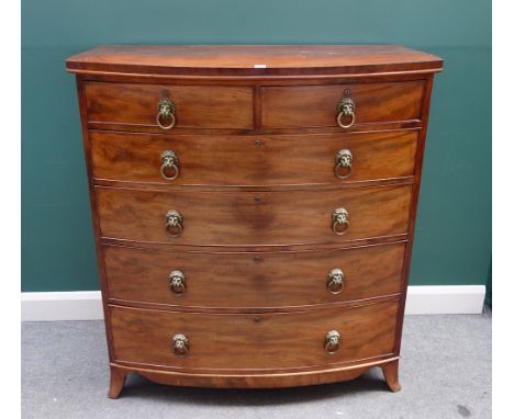 An early Victorian mahogany bowfront chest of two short and four long graduated drawers, on splayed bracket feet, 113cm wide 
