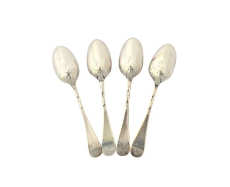 Four matching silver bottom marked Hanoverian pattern picture back teaspoons, each decorated with a hen with chicks to the ba