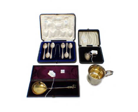 Silver, comprising; a set of six coffee spoons, Sheffield 1932 and a pair of associated sugar tongs, Sheffield 1916, with a c