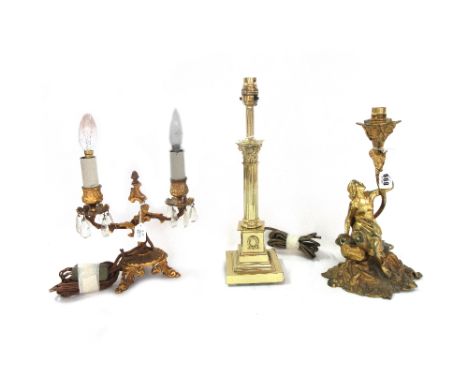 A brass figural table lamp, a Rococo style gilt brass twin light lustre and a modern brass table lamp of Corinthian column fo