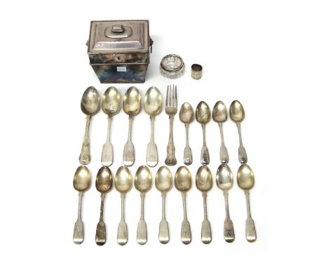 Silver table flatware, comprising; three fiddle pattern dessert spoons, nine fiddle pattern teaspoons, London 1848, four fidd