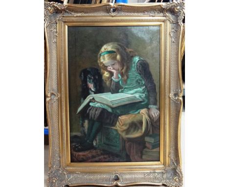 M. Kowalski (late 20th century), A young girl and her dog, reading a book, oil on canvas, signed, 91cm x 60cm.