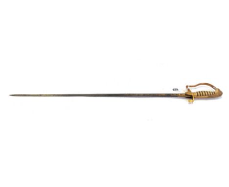 A naval officer's dress sword, mid-19th century, with gilt engraved straight steel blade (69cm long), knuckle bow hilt, and a