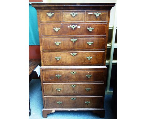 A mid-18th century walnut chest on chest, of three short over six long drawers, on bracket feet, 102cm wide x 170cm high.