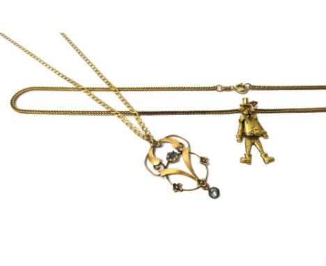 A 9ct gold and sapphire set pendant, designed as an articulated clown, on a 9ct gold foxtail link neck chain, with a boltring