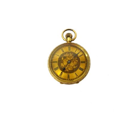 A lady's gold cased, keyless wind, openfaced fob watch, with an unsigned gilt cylinder movement, gilt metal inner case, the d