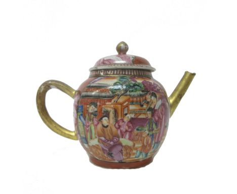A Chinese 'Mandarin palette' composite part tea service, Qianlong,each piece painted with figures on terraces within cell and