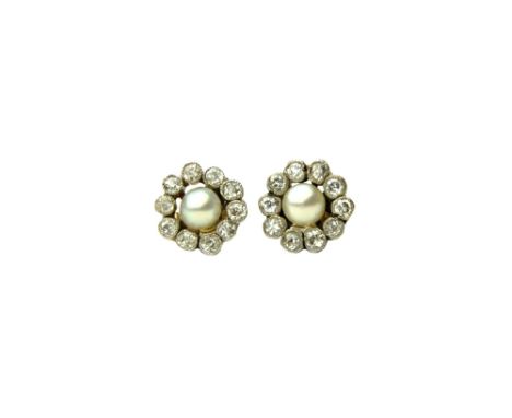A pair of diamond and cultured pearl set cluster earstuds, each mounted with the cultured pearl at the centre, in a surround 