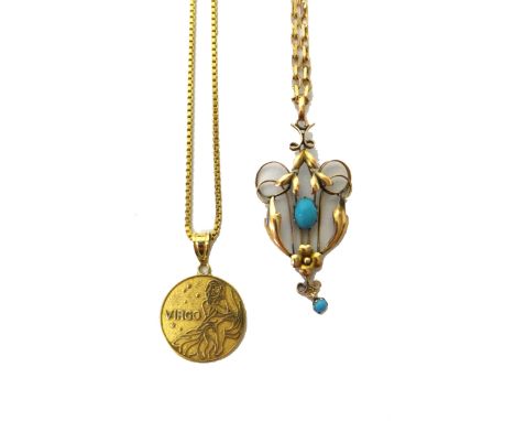 A gold and imitation turquoise pendant, detailed 9 CT, with a 9ct gold faceted oval link neckchain, on a bolt ring clasp and 