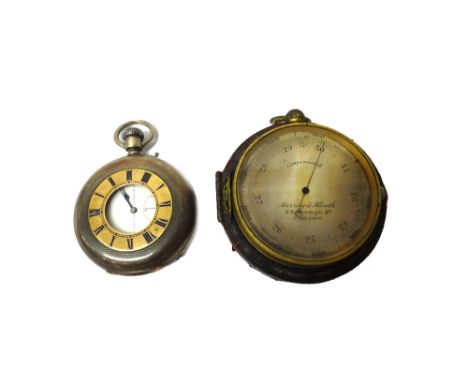 A silver cased, keyless wind, half hunting cased pocket watch, with a gilt cylinder movement, the inner case detailed Examine