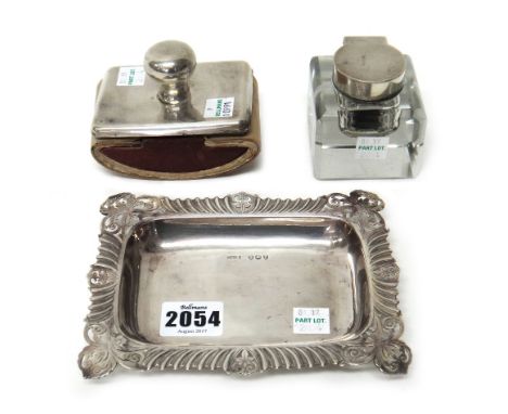 Silver and silver mounted wares, comprising; a Victorian shaped rectangular trinket dish, with engraved and fluted decoration