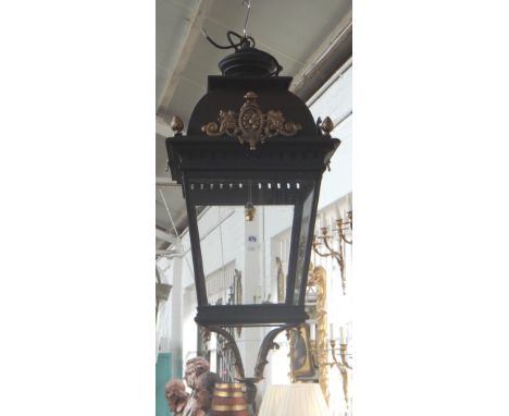 A Victorian style gilt and patinated metal hall lantern, modern, with pierced domed top and square section tapering body, enc