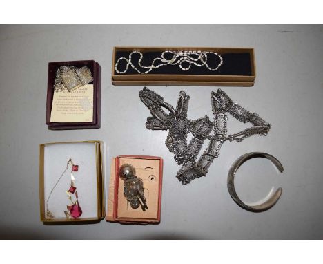 Mixed Lot: Various white metal and costume jewellery to include bangle, necklace, book locket and other items