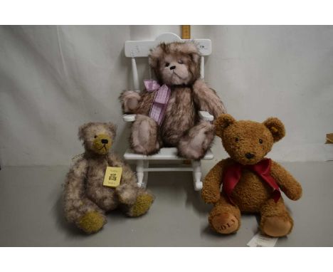 A hand made Ruben teddy bear together with a Charlie bear and a modern Steiff teddy bear and an accompanying bears rocking ch