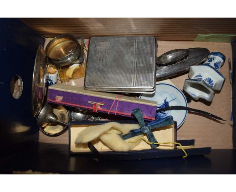 Box containing a quantity of china and other items including silver cigarette case, small Chinese silver box decorated with b
