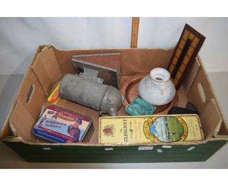 Large box containing a quantity of vintage tins for whisky, also Radio Clothing Company and other items