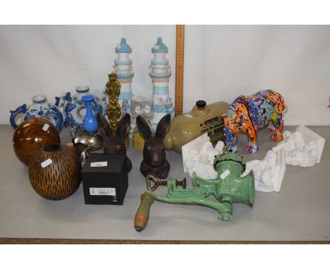 Mixed Lot: Abstract model Rhino, candle stand, modern plaster work wall brackets, model lighthouses, vintage mincer and other
