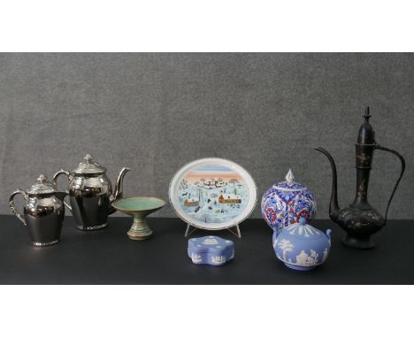 A collection of ceramics and metal ware, including two Royal Worcester metal effect ceramic coffee pots, two pieces of Wedgwo