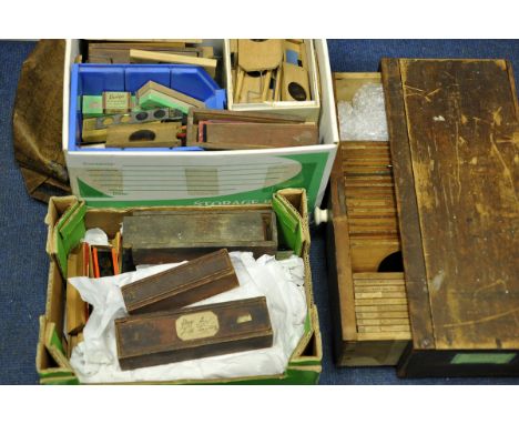 Various Lantern Slides: a variety and quantity of wood mounted slides, some mechanical together with multiple image glass sli