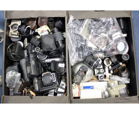 Various Cameras and accessories, bodies from Canon and Nikon together with Leitz accessories and more (2 boxes)