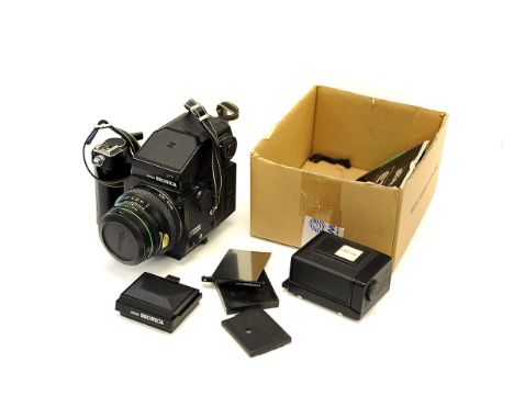 A Bronica ETRs Camera, with Zenzanon f/2.8 75mm, also including AE finder, speed grip and additional back