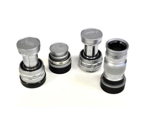 Various Leitz 90mm Lenses: a f/4 90mm Elmar, M fit, a similar lens in Visoflex mount together with two collapsible examples (