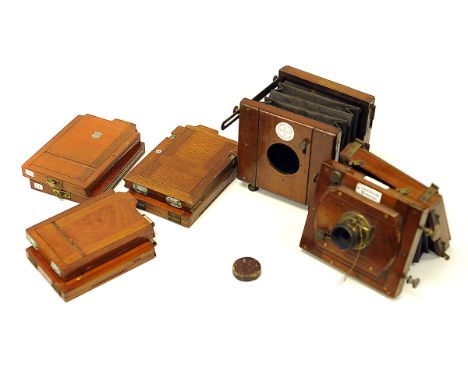 Early J. Lancaster Mahogany Cameras: A Le Mentore camera, lacking base, together with an 1884 instantograph, with various DDS