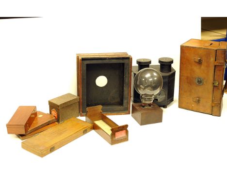 Various Mahogany Parts & Items: quantity of various items including mahogany camera parts, DDS, mounted light bulb and more (
