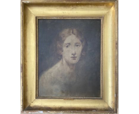 ATTRIBUTED TO THOMAS COUTURE 1815-1879 OIL ON CANVAS - PORTRAIT OF WOMAN - LABELS TO VERSO - 38CM  X 46CM - HAS BEEN RELINED,