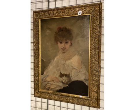 SIGNED OIL ON CANVAS - PORTRAIT OF LADY &amp; CAT