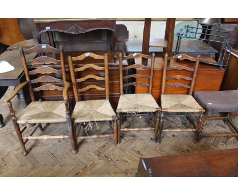A 19th Century ladder back chair and a pair of ladder back chairs with rush seats (seats as found) and 1920's oak barley twis