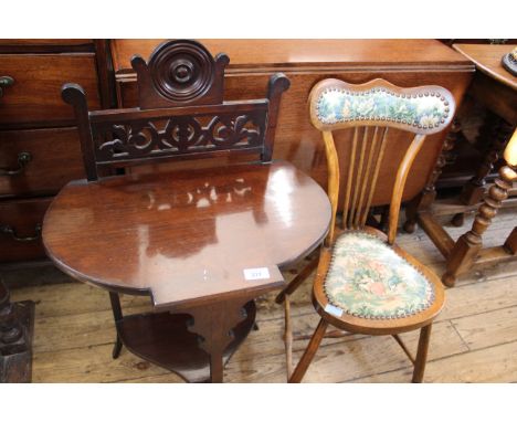 An Edwardian small table, an Edwardian stick back seat of small proportions and an oak stool