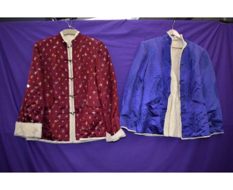 Two silk or silk blend Chinese jackets lined in wool, both having button fastening to front and pockets, around 1930s.