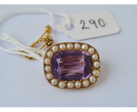 A gold pearl and amethyst brooch