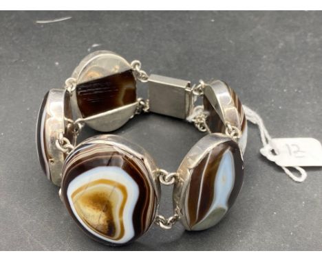 Victorian large five panel banded agate and silver bracelet 105g inc