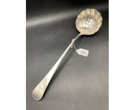 An early George III bottom marked soup ladle with shell shaped bowl, London 1764 by T&amp;W Chawner, 190g