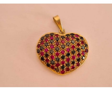 Large ruby &amp; sapphire 14ct gold heart pendant 3cm wide 8.1g inc