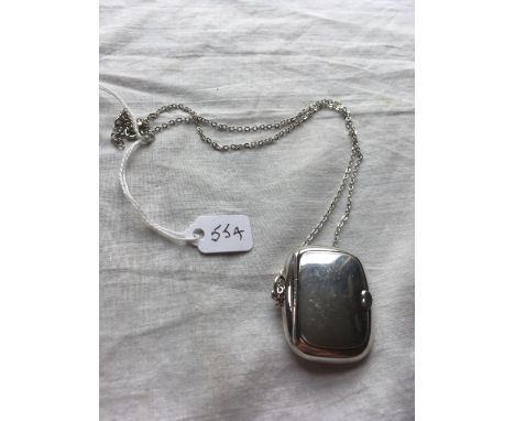 A silver travelling compact on silver chain