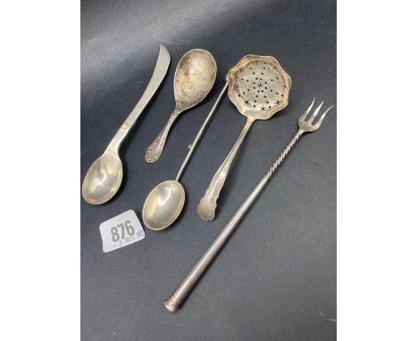 A silver jubilee hall marked caddy spoon, Birmingham 1935, a sifter spoon and three other pieces