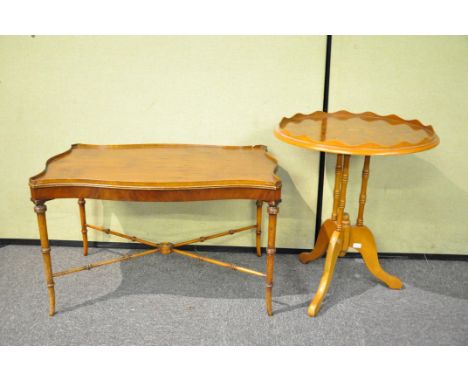 A pine and marquetry inlaid satinwood tripod occasional table and a sofa table (2) with bamboo moulded legs 47cm x 44cm